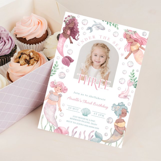 Invitación de tercer cumpleaños de Sirena editable (Editable Mermaid Third Birthday Invitation With Picture 3rd Birthday Watercolor Pink Third 3 Year)
