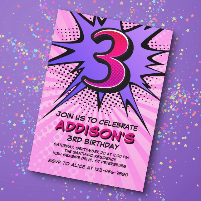 Invitación de tercer cumpleaños de Superhéroe Chic (Subido por el creador)