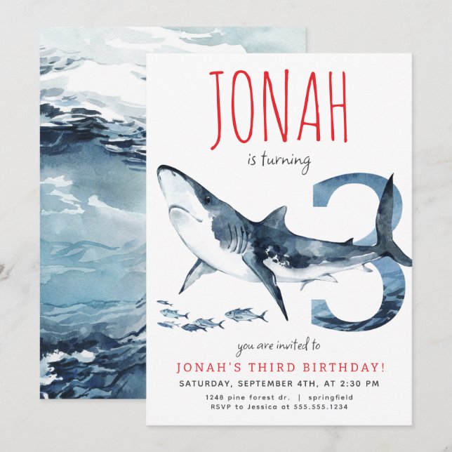 Invitación de tercer cumpleaños de tiburón (Anverso / Reverso)
