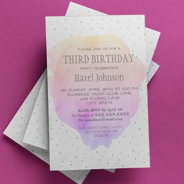 Invitación de tercer cumpleaños de Watercolor Past (Subido por el creador)