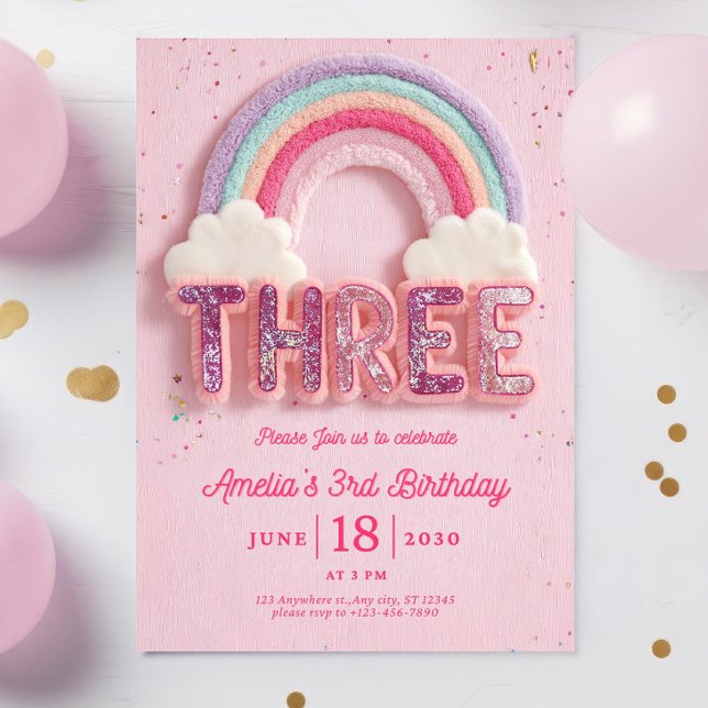Invitación de Tercer Cumpleaños Editable, Rosa col (Subido por el creador)