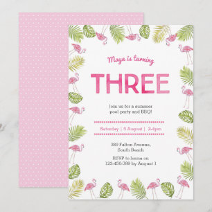 Invitación de tercer cumpleaños  flamingo tropical