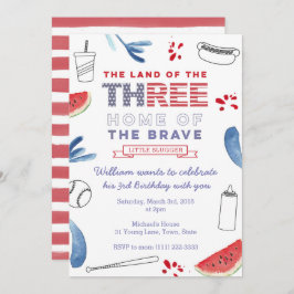 Invitación de tercer cumpleaños, hotdog y bat para