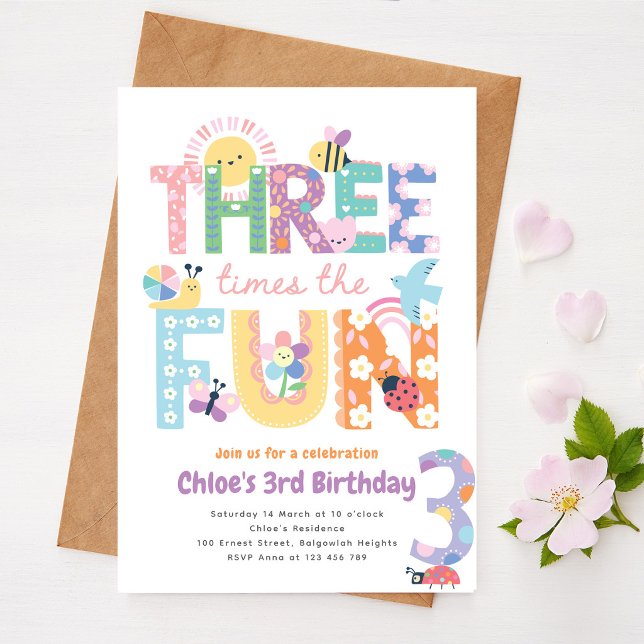 Invitación de Tercer Cumpleaños Niña, Tres Veces e (Subido por el creador)