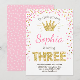 Invitación de tercer cumpleaños Princesa Oro Rosa 