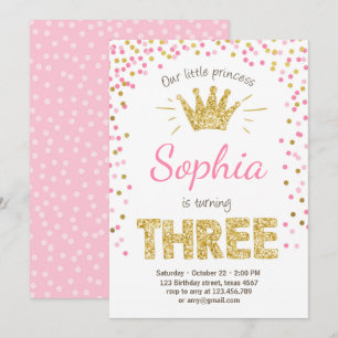 Invitación de tercer cumpleaños Princesa Oro Rosa 