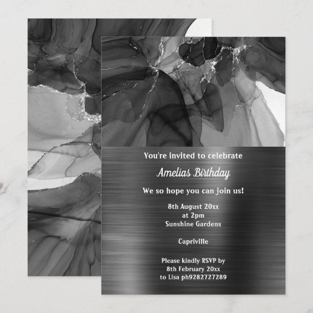 INVITACIÓN DE TEXTURA DEL FIESTA DE CHIFFON NEGRO  (Anverso / Reverso)