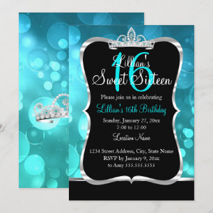 Invitación de Tiara Azul Turquesa Negro Cumpleaños
