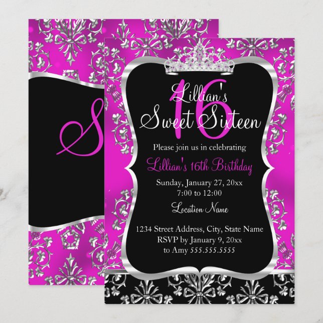 Invitación de Tiara de Damasco Negro Rosa Dulce 16 (Anverso / Reverso)