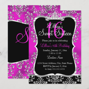 Invitación de Tiara de Damasco Negro Rosa Dulce 16