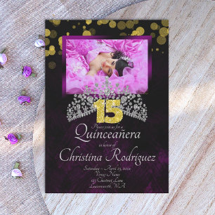 Invitación de Tiara de Quinceañera Negro, Dorado,