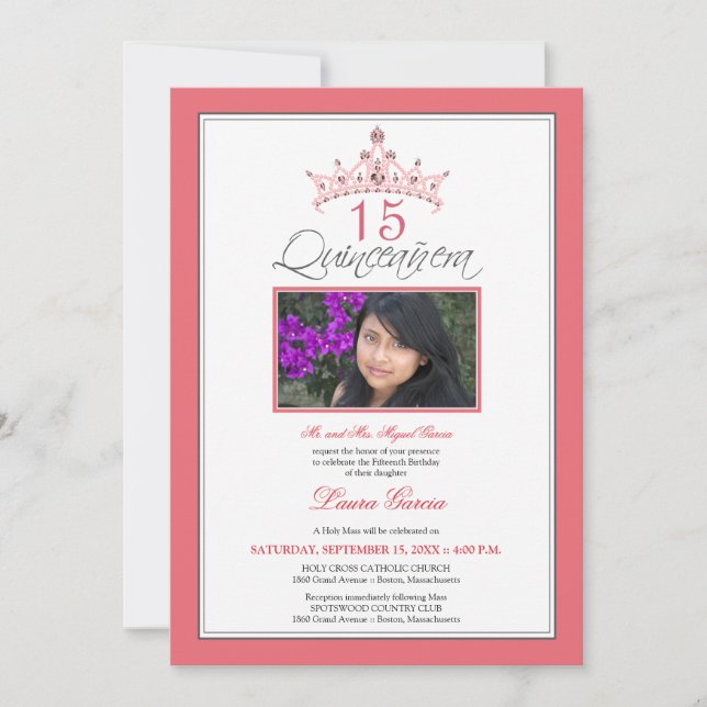 Invitación de Tiara Quinceanera con joyas rosas (r (Anverso)