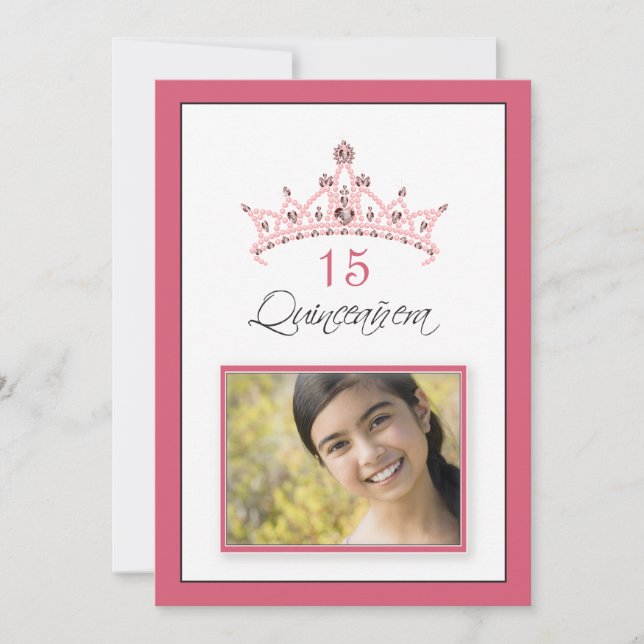 Invitación de Tiara Quinceanera con joyas rosas (r (Anverso)