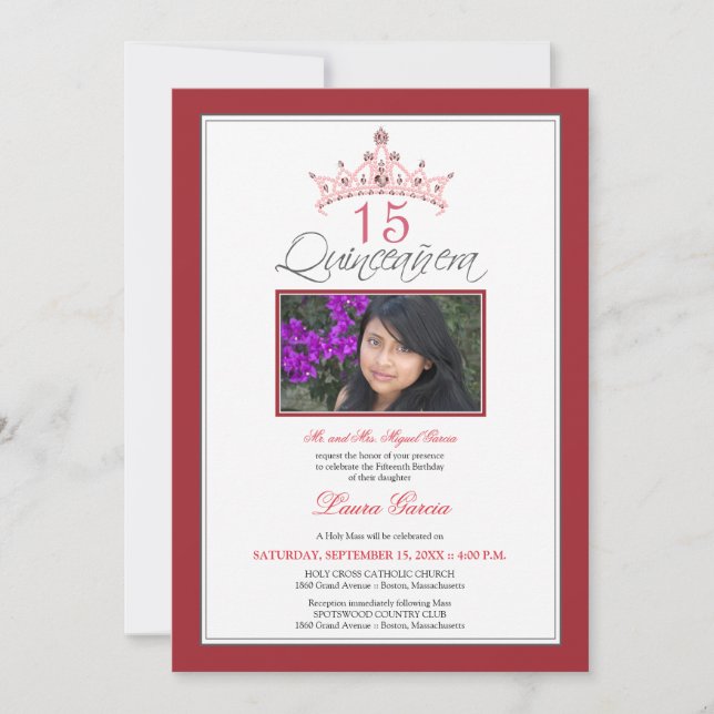 Invitación de Tiara Quinceanera con joyas rosas (r (Anverso)