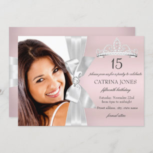 Invitación de tiara quinceanera de diamantes rosad