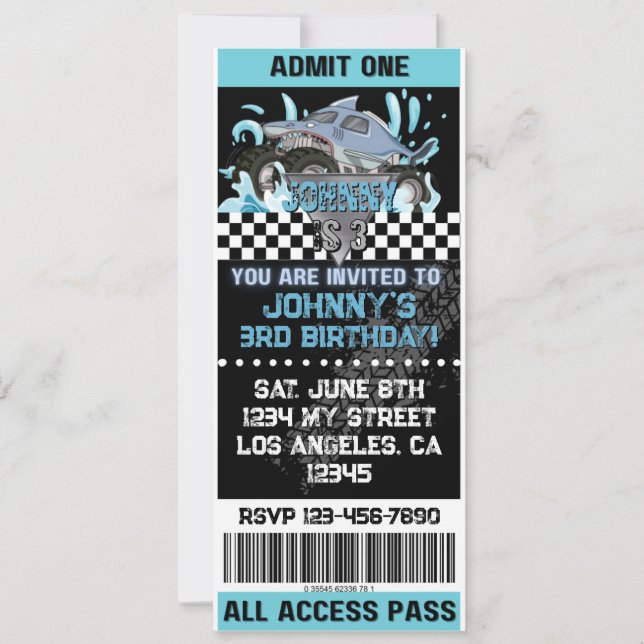 Invitación de Tiburón de Camión Monstruo (Anverso)