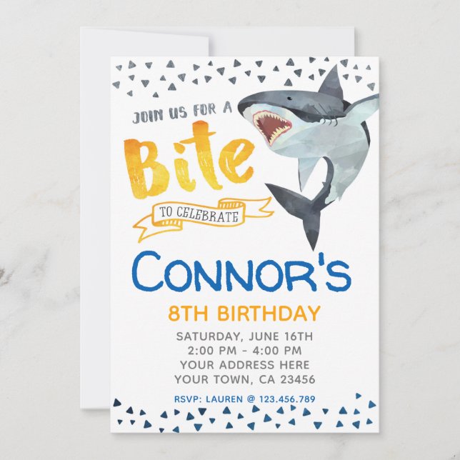 Invitación de tiburón, fiesta de cumpleaños de bil (Anverso)