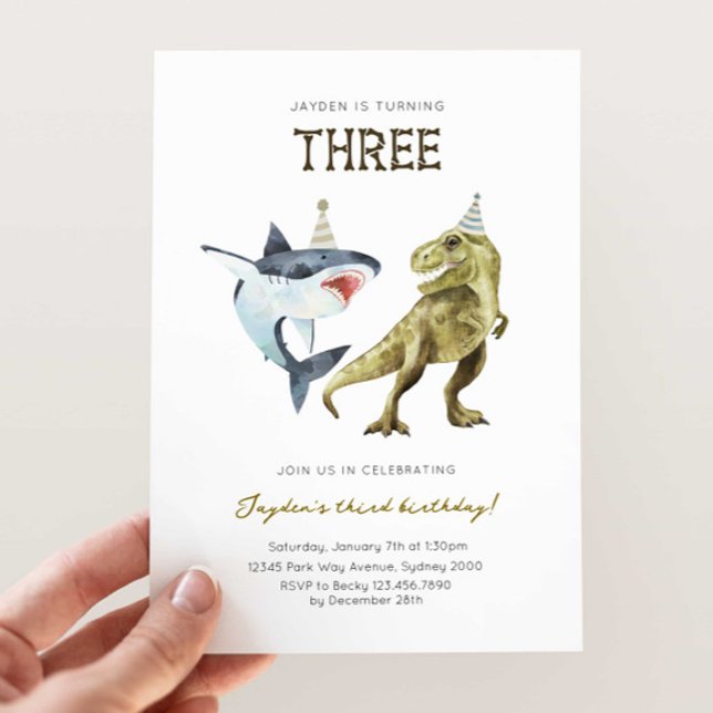 Invitación de tiburón y dino para el tercer día de (Subido por el creador)