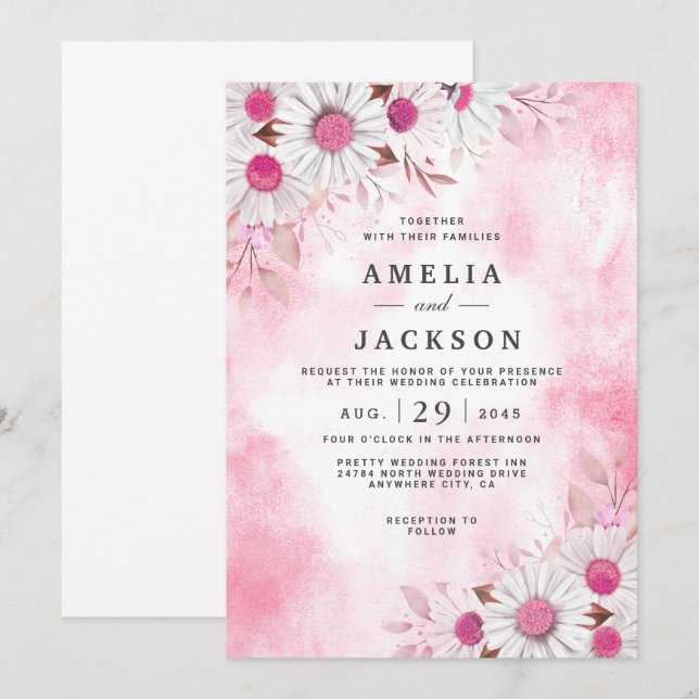 Invitación de Tickle Me Pink Daisy Florals (Anverso / Reverso)