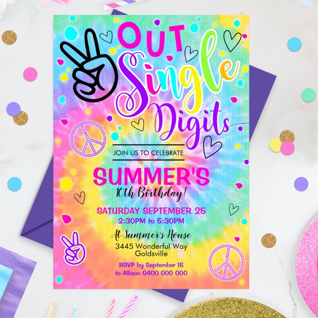 Invitación de Tie Dye de Peace Out Single Digits 1 (Peace out Single Digits 10th Birthday Invitation. Rainbow Tie Dye Hippy Design)