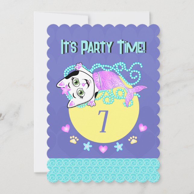 Invitación de tiempo de Fiesta de Purrmaid (Anverso)
