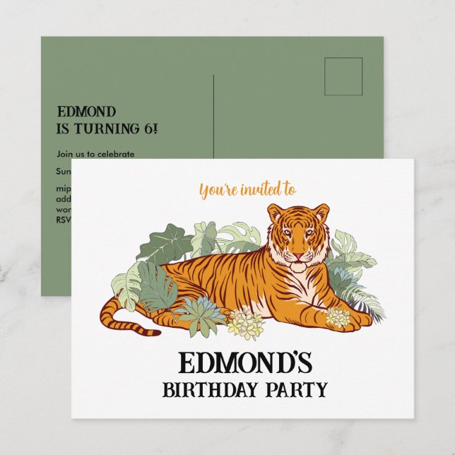 Invitación de tigre niño fiesta de cumpleaños anim (Anverso / Reverso)