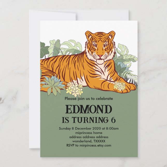 Invitación de tigres fiesta de cumpleaños animal j (Anverso)