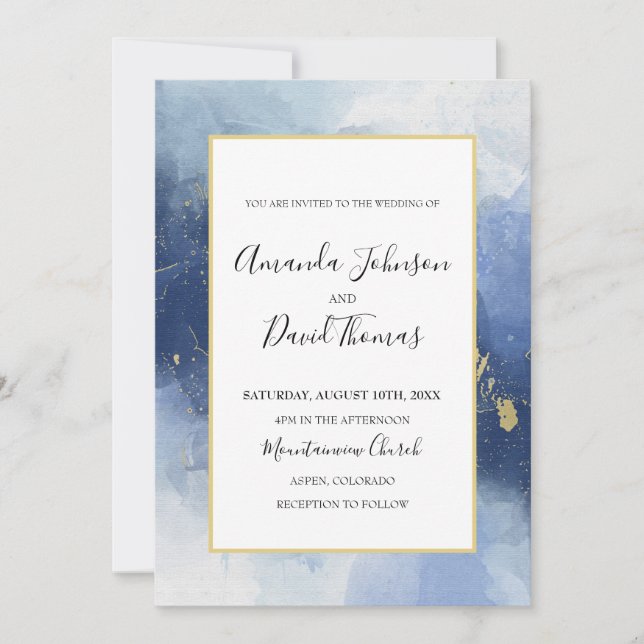 Invitación de tinta de alcohol azul y dorado de lu (Anverso)