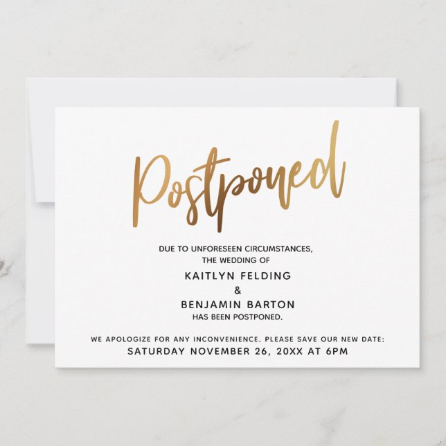 Invitación de tipografía de oro Boda pospuesta (Anverso)