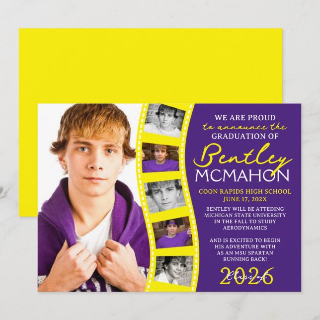 Invitación de tira de película de fotos moradas y  (Anverso / Reverso)