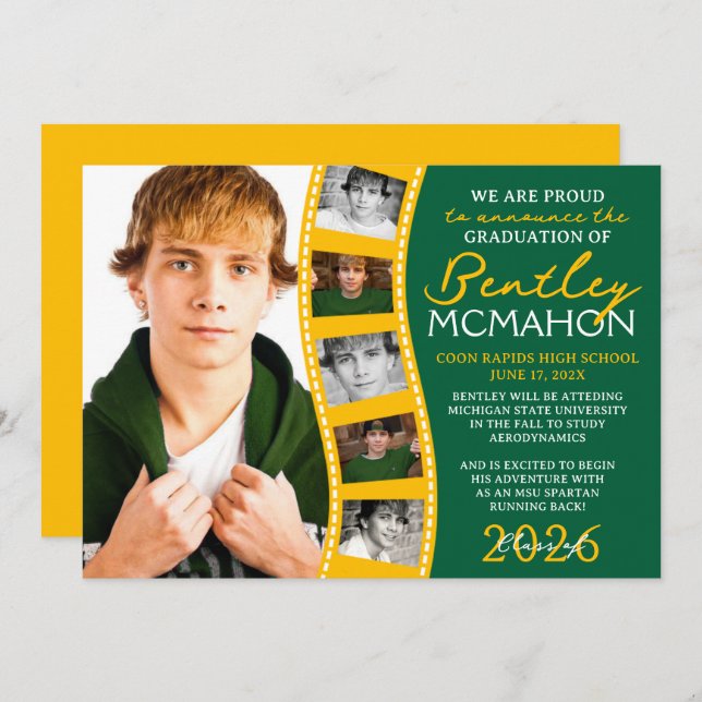 Invitación de tira de película de fotos verde y do (Anverso / Reverso)