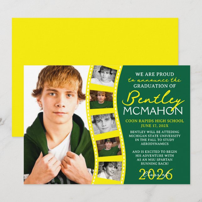 Invitación de tira de película verde y amarilla (Anverso / Reverso)