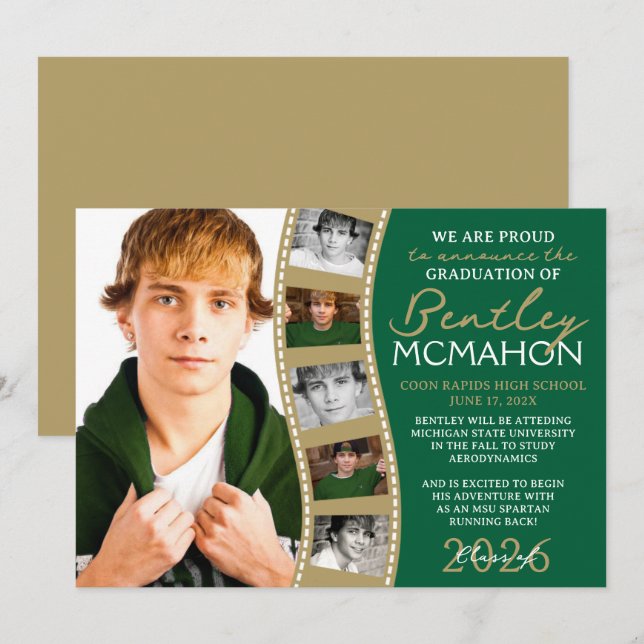 Invitación de tiras de película verde y bronce (Anverso / Reverso)