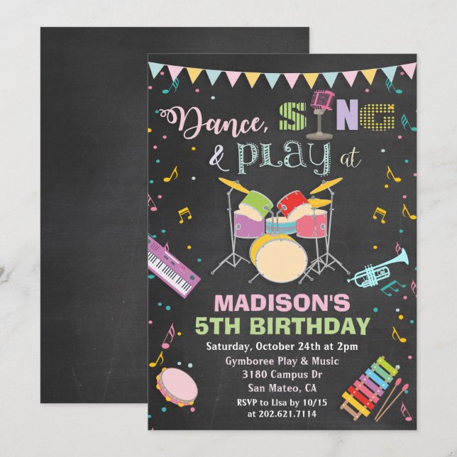 Invitación de tiza de cumpleaños de música para ni (Anverso / Reverso)