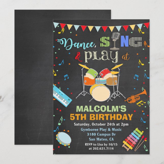 Invitación de tiza de cumpleaños de música para ni (Anverso / Reverso)