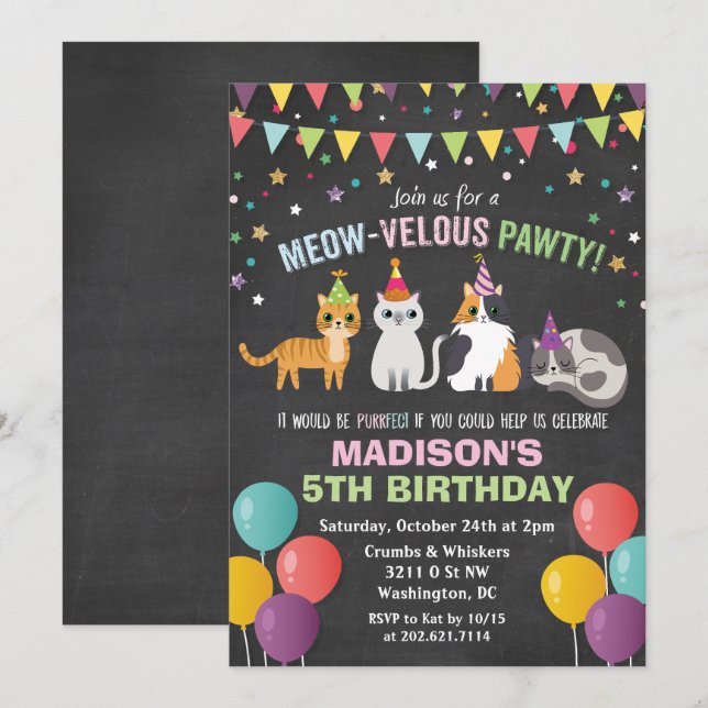 Invitación de tiza de cumpleaños para gatito de cu (Anverso / Reverso)