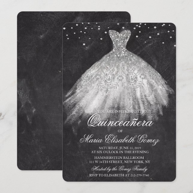 Invitación de tiza de diamante de vestido de quinc (Anverso / Reverso)