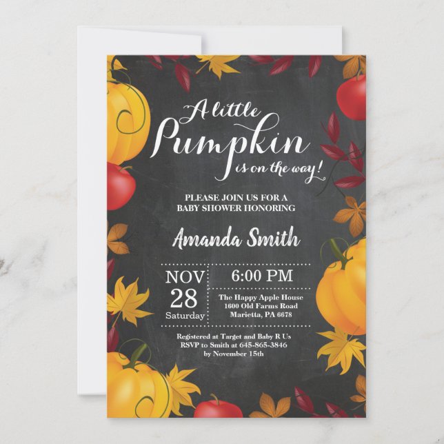 invitación de tiza para baby shower de calabaza de (Anverso)