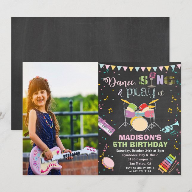 Invitación de tiza para cumpleaños de música de ni (Anverso / Reverso)