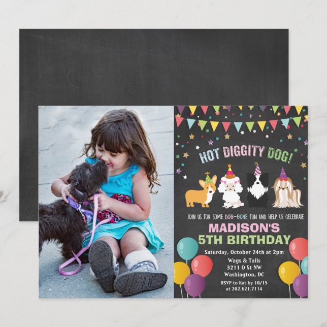 INVITACIÓN DE TIZA PARA CUMPLEAÑOS DE PERRO CACHOR (Anverso / Reverso)