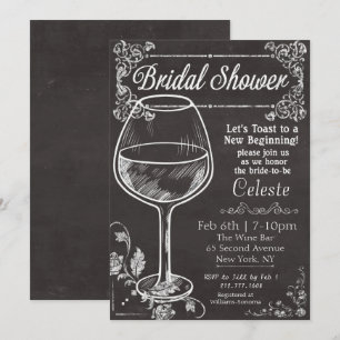 Invitación de tiza para ducha de novia con vino en