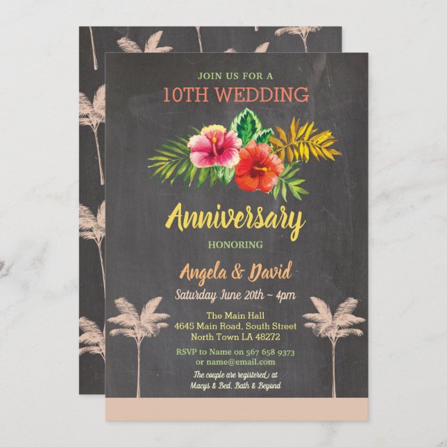 Invitación de tiza tropical de aniversario de boda (Anverso / Reverso)