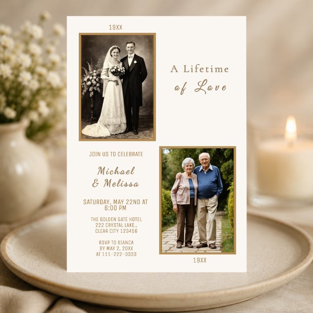 Invitación de toda una vida de amor (Elegant ivory and gold anniversary invitation celebrating a lifetime of love and memories)