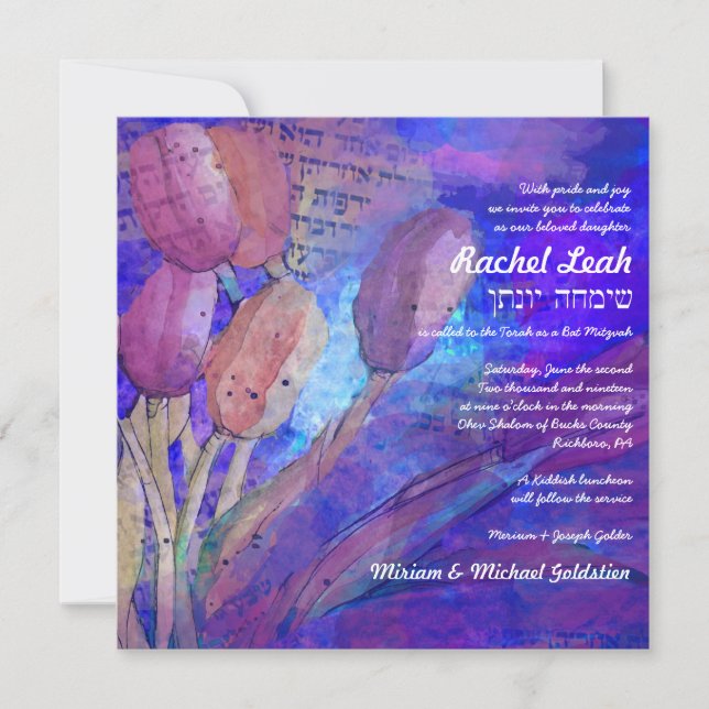 Invitación de Torah y Tulips Bat Mitzvah (Anverso)