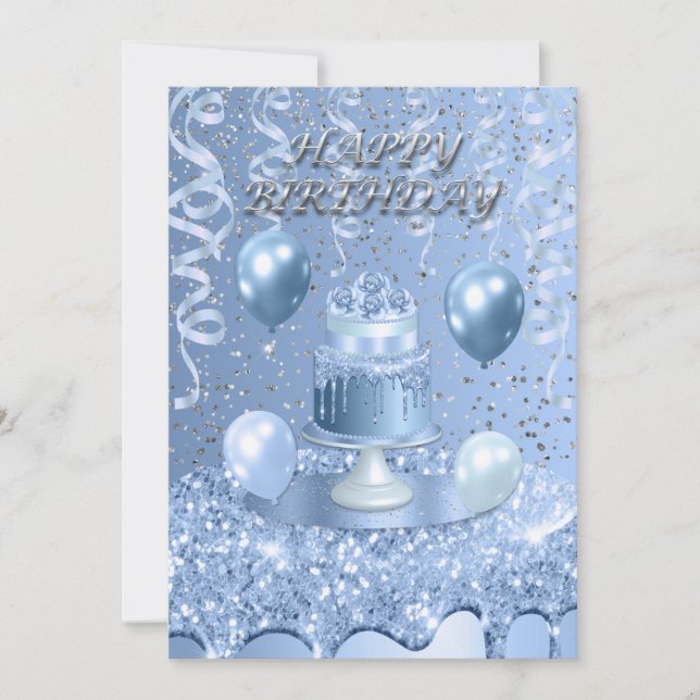 Invitación de torta de cumpleaños azul espumoso (Anverso)