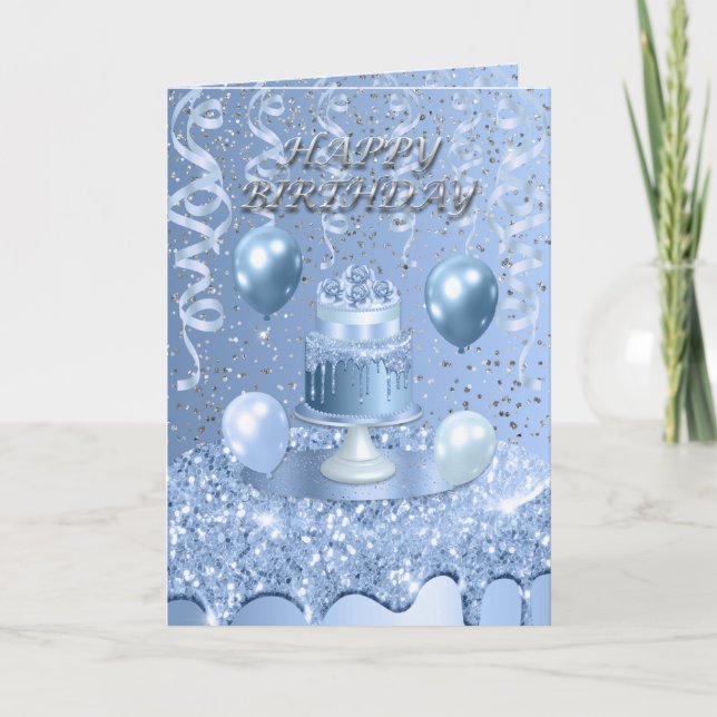Invitación de torta de cumpleaños azul espumoso (Anverso)