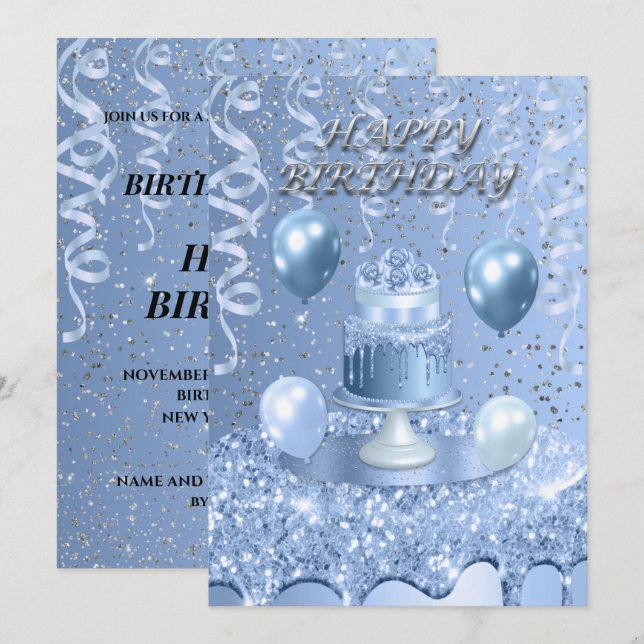 Invitación de torta de cumpleaños azul espumoso (Anverso / Reverso)