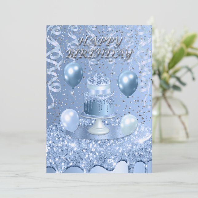 Invitación de torta de cumpleaños azul espumoso (Anverso de pie)