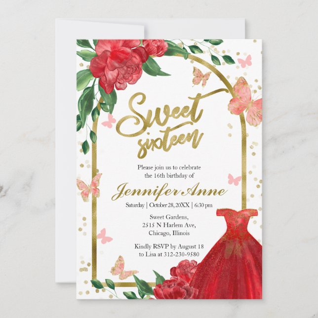 Invitación de traje de color rojo dulce 16 maripos (Anverso)