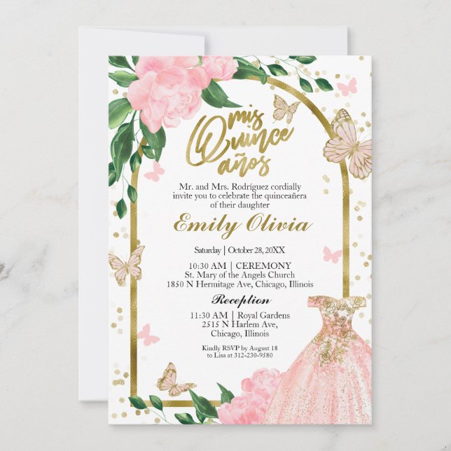 Invitación de traje de Rubor rosa Quinceanera Butt (Anverso)